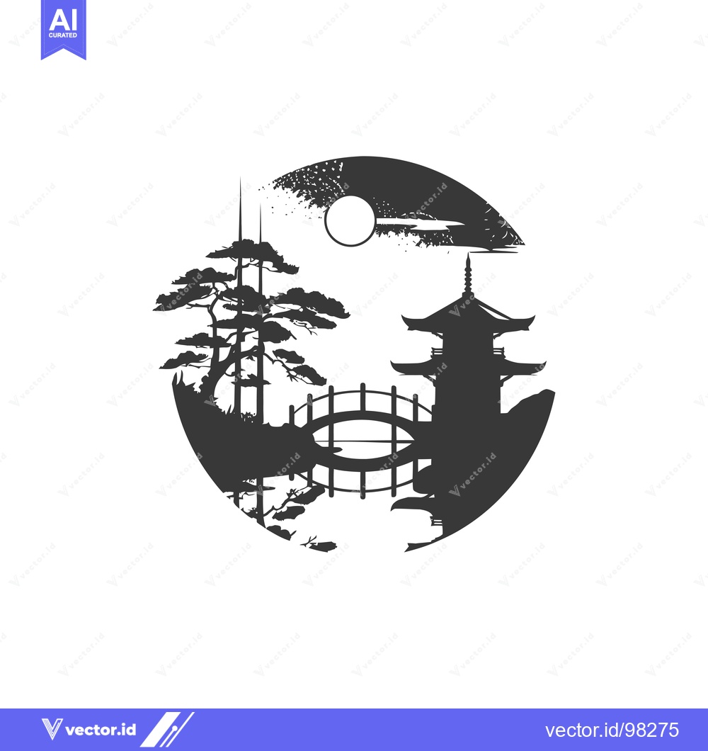 Premium Vector dari Silhouette of a Japanese Temple with Bridge and Trees in a Circular Fr