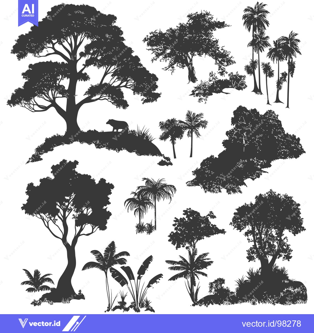 Premium Vector dari Silhouette of a Jungle Landscape with Various Trees and a Bear