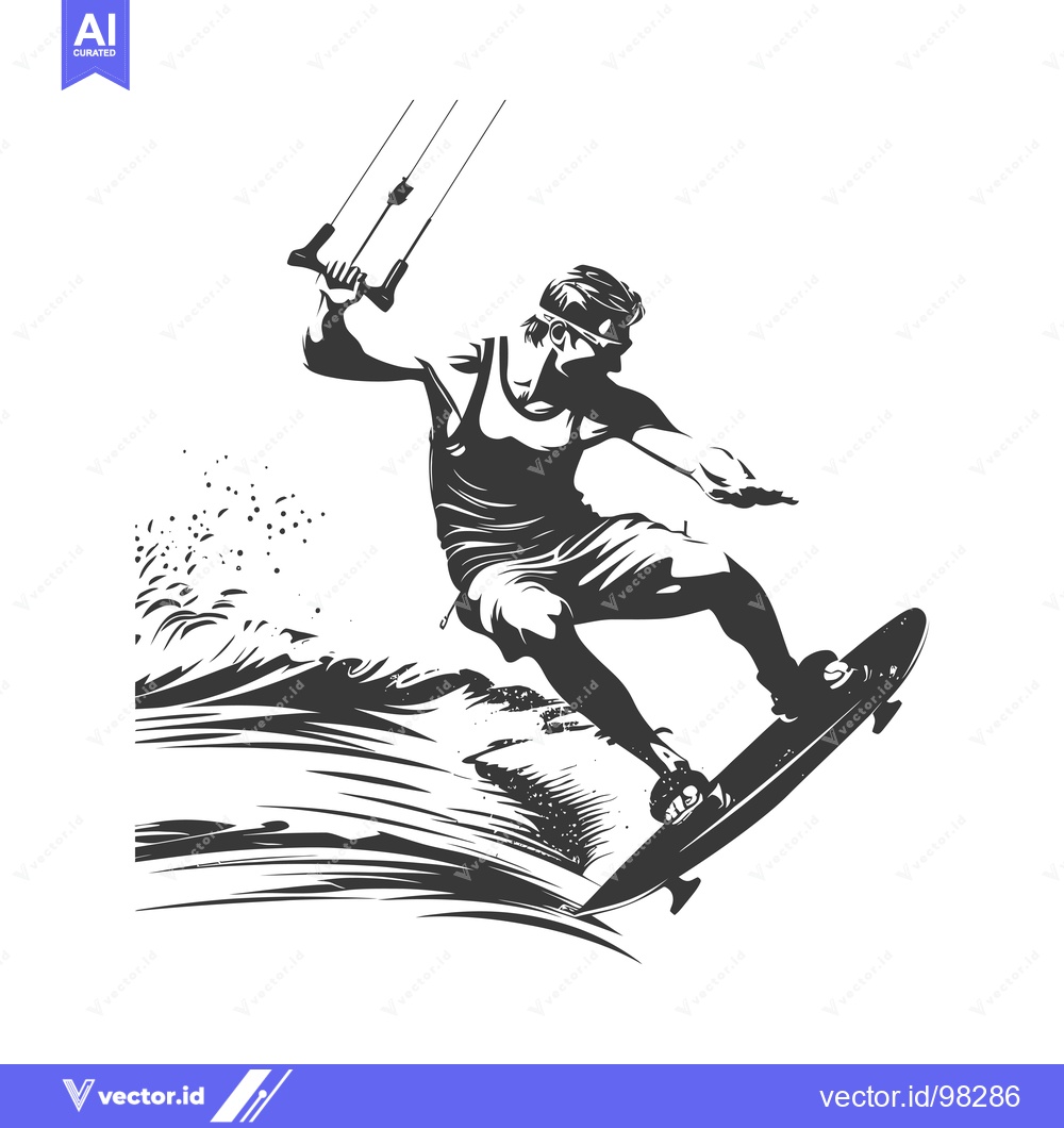 Premium Vector dari Silhouette of a Kitesurfer Riding a Wave