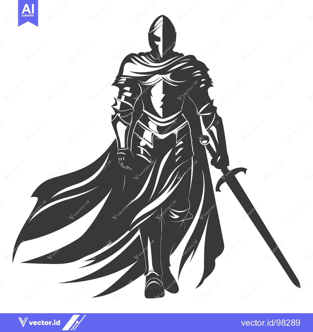 Premium Vector dari Silhouette of a knight with a sword and a flowing cloak