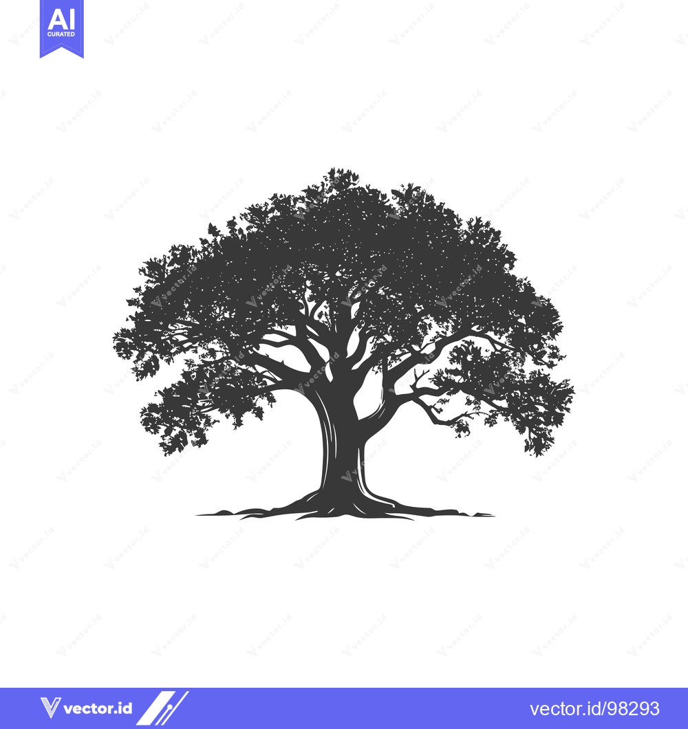 Premium Vector of Silhouette of a large, leafy tree with a thick trunk and branches