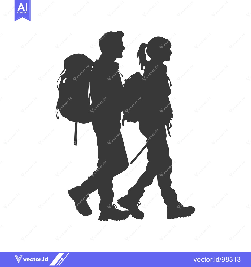 Premium Vector dari Silhouette of a Man and Woman Hiking with Backpacks