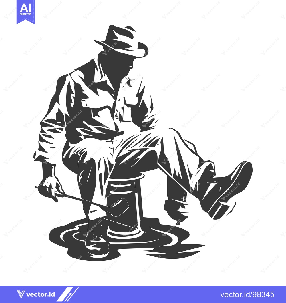 Premium Vector dari Silhouette of a Man in a Hat Sitting on a Barrel by a Puddle
