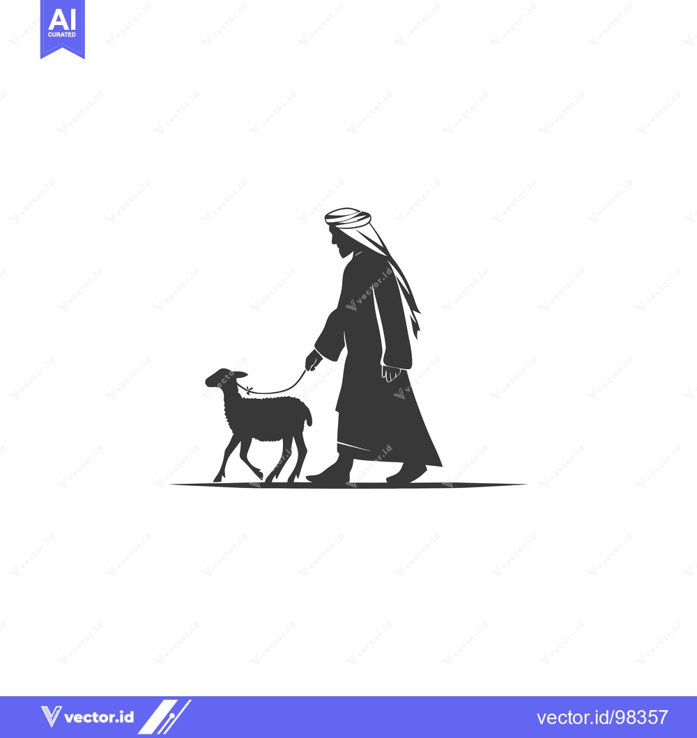 Premium Vector of Silhouette of a man in traditional clothing leading a lamb