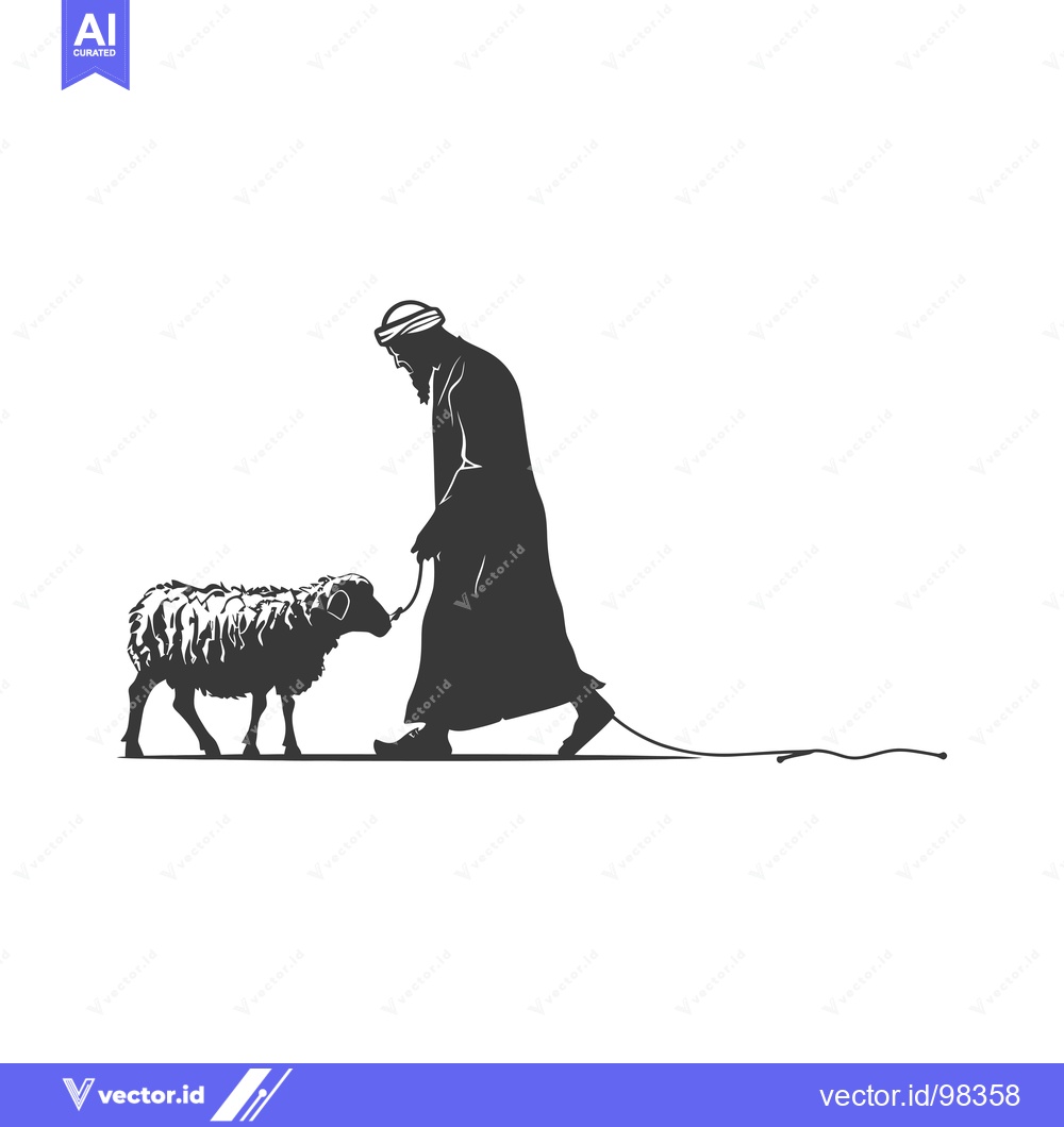 Premium Vector of Silhouette of a Man in Traditional Clothing Leading a Sheep