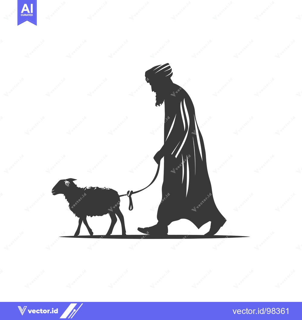 Premium Vector of Silhouette of a Man in Traditional Clothing Walking a Sheep