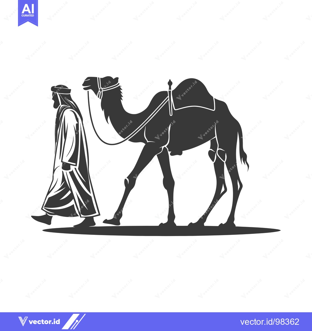 Premium Vector of Silhouette of a Man in Traditional Clothing Walking with a Camel