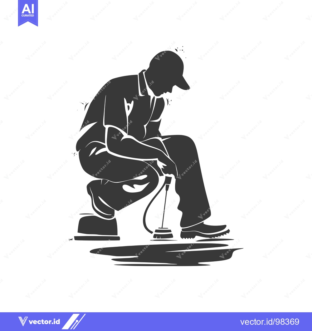 Premium Vector of Silhouette of a man kneeling with a cleaning brush