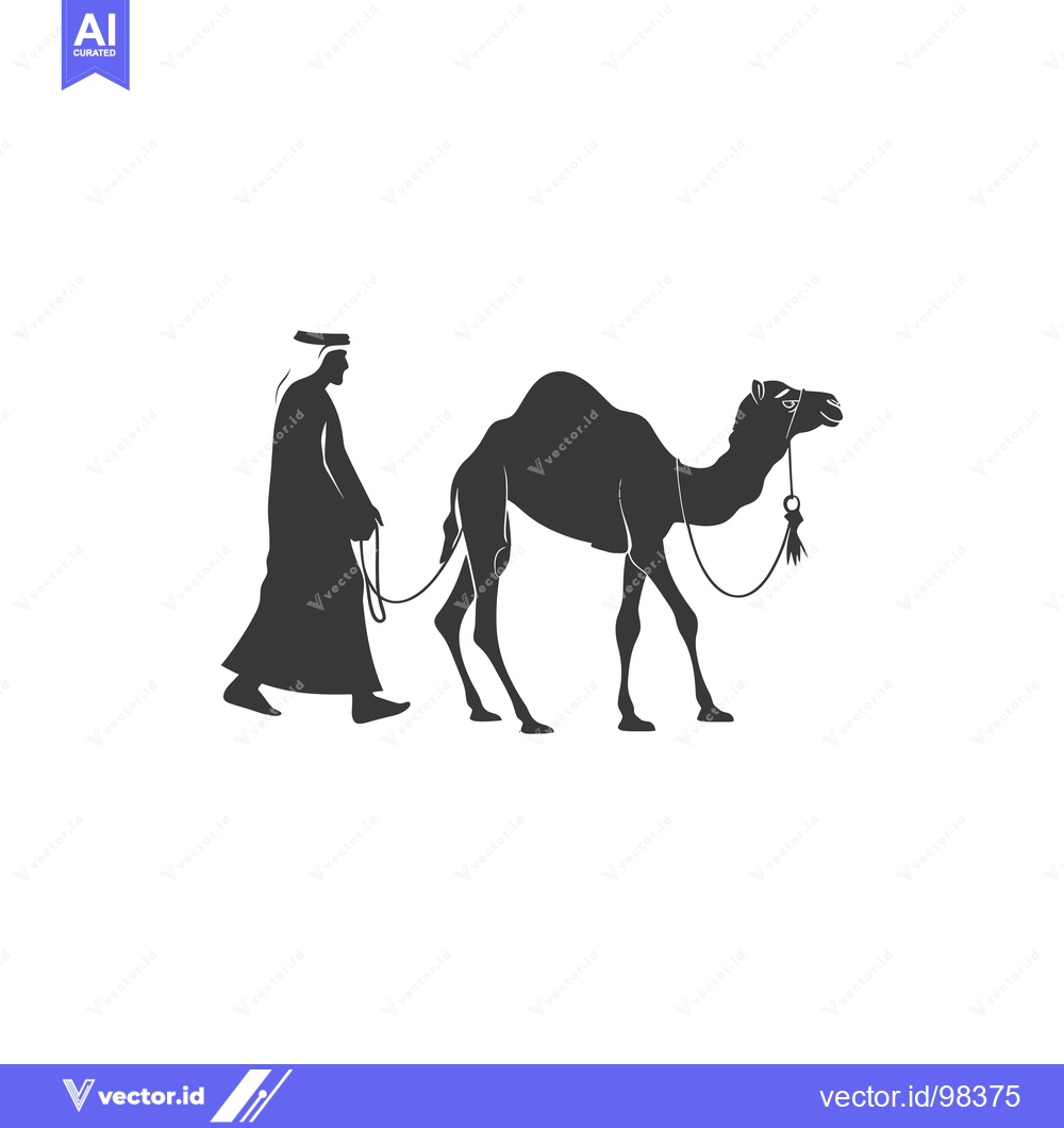 Premium Vector dari Silhouette of a Man Leading a Camel with a Rope