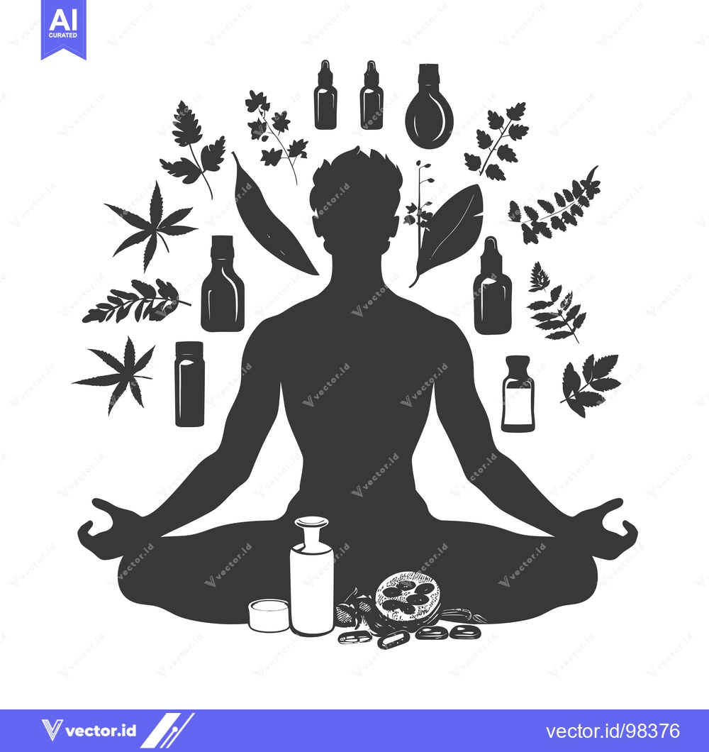 Premium Vector of Silhouette of a man meditating with herbal products around him