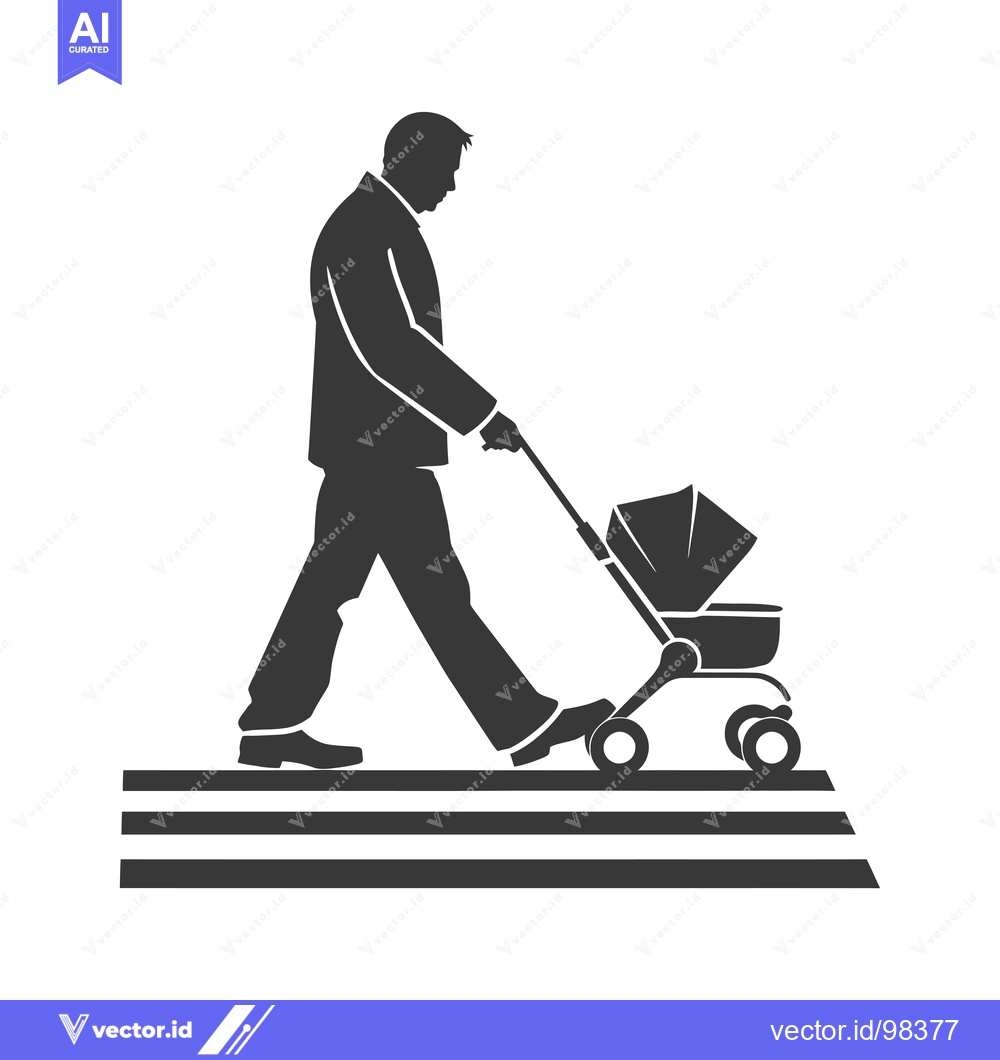 Premium Vector dari Silhouette of a man pushing a baby stroller across a crosswalk