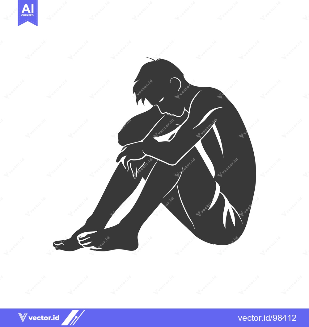 Premium Vector of Silhouette of a man sitting alone, head bowed in sadness