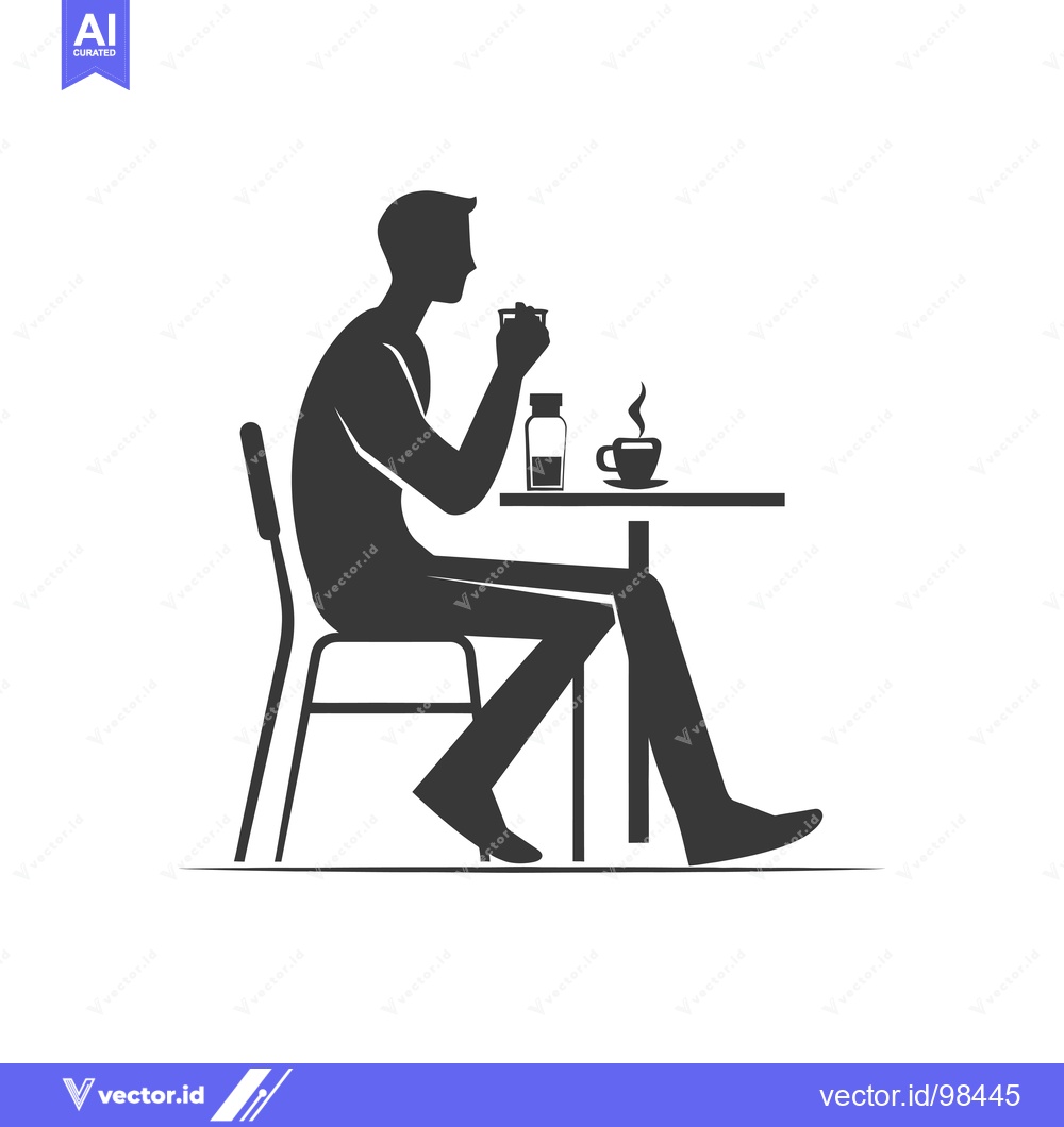Premium Vector dari Silhouette of a man sitting at a table with a cup of coffee and a bott