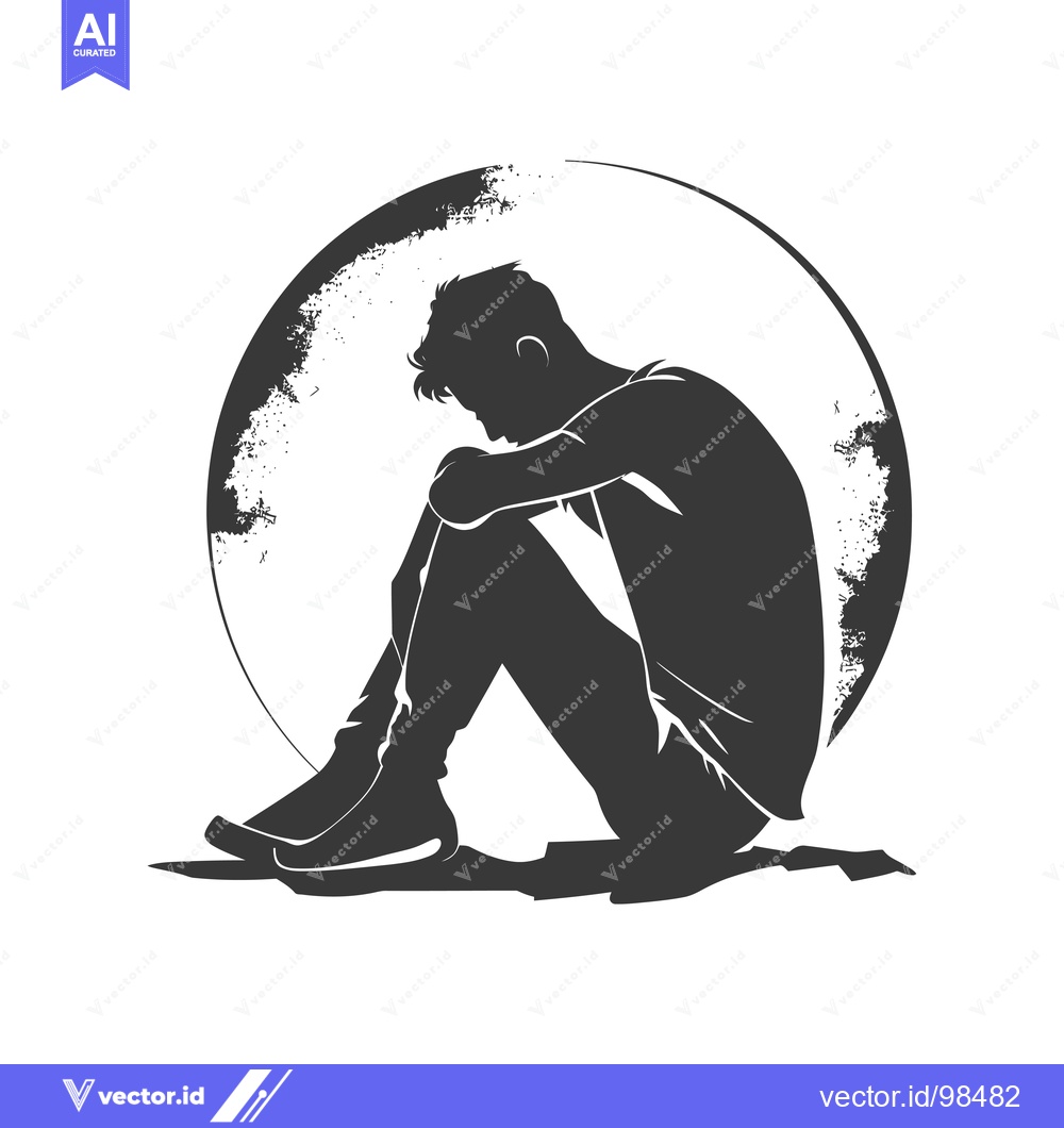 Premium Vector dari Silhouette of a Man Sitting with his Head Down in Front of a Grunge Ci