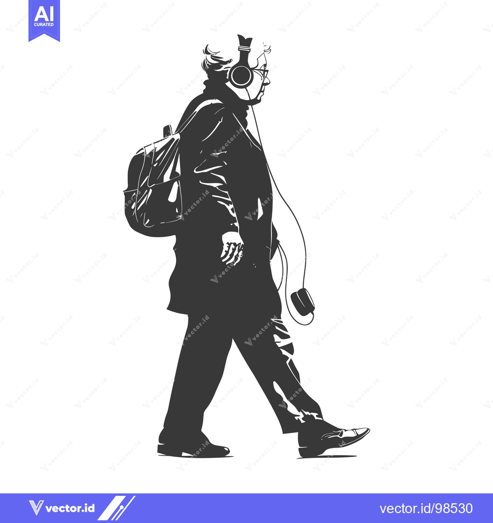 Premium Vector dari Silhouette of a Man Walking with Headphones and a Backpack