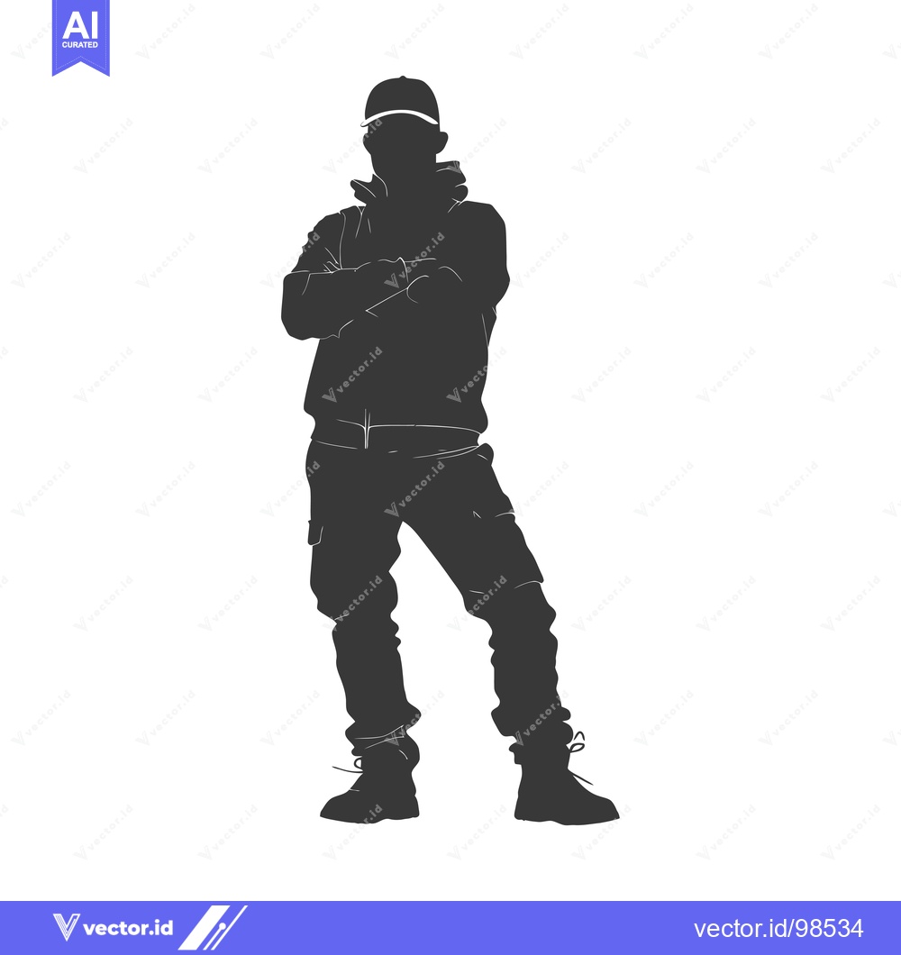 Premium Vector of Silhouette of a man wearing a cap, hoodie, and pants, standing with hi