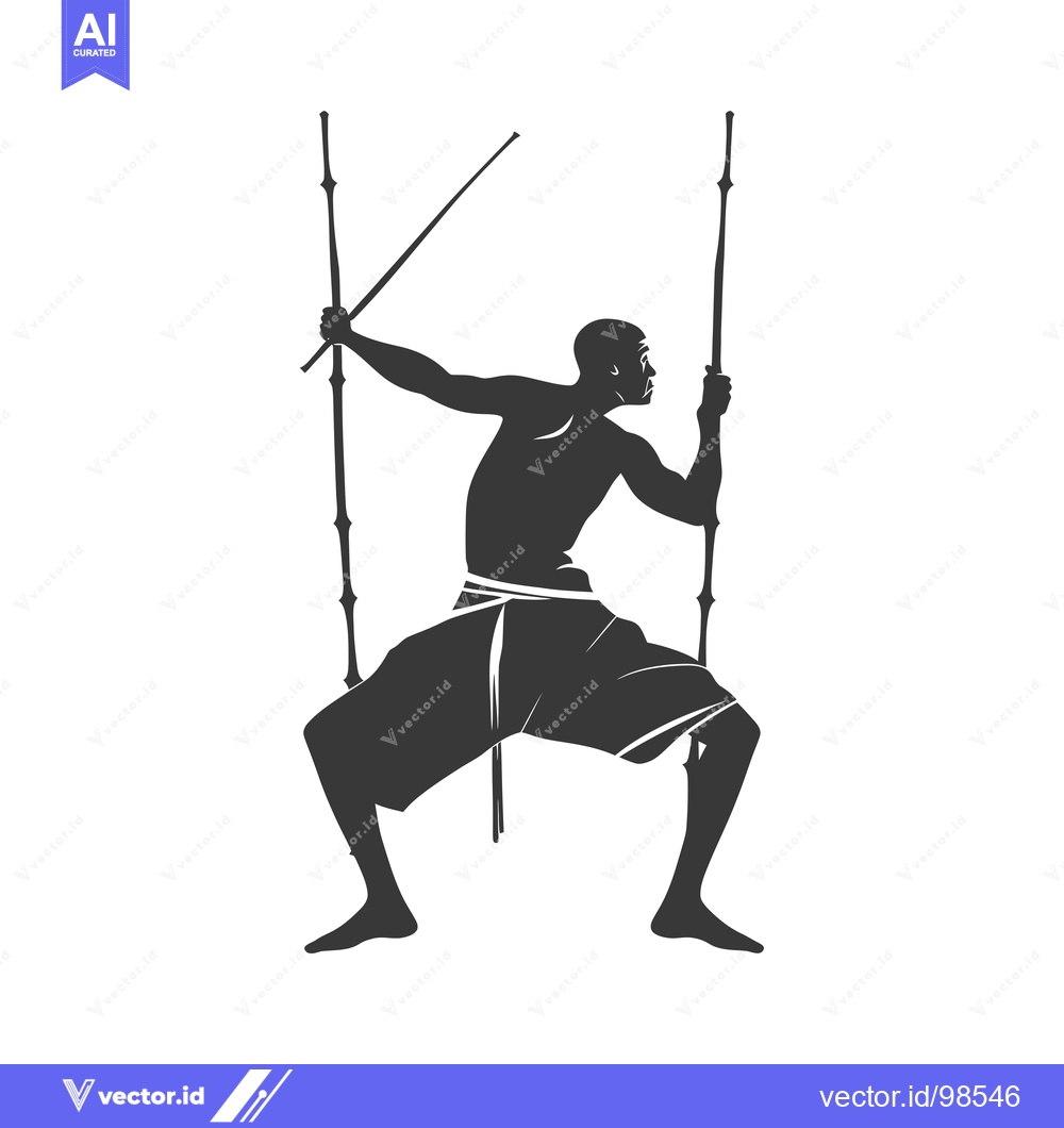 Premium Vector of Silhouette of a man wielding two staffs in a fighting stance