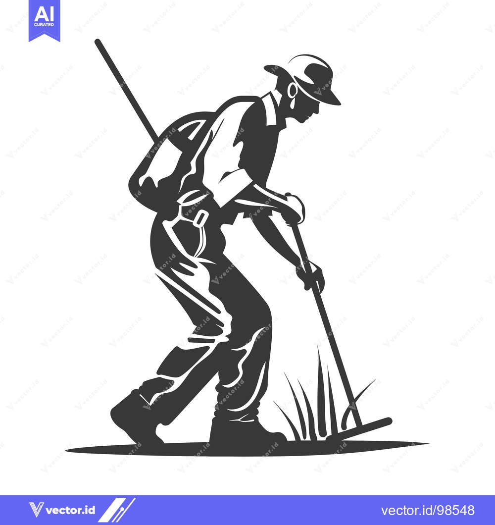 Premium Vector dari Silhouette of a Man with a Backpack Weeding with a Hoe