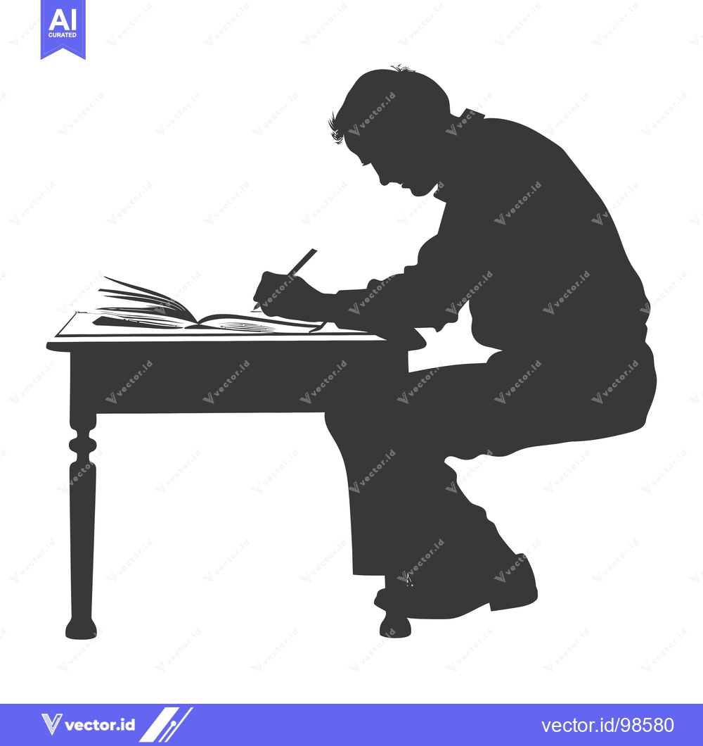 Premium Vector dari Silhouette of a Man Writing at a Desk with an Open Book