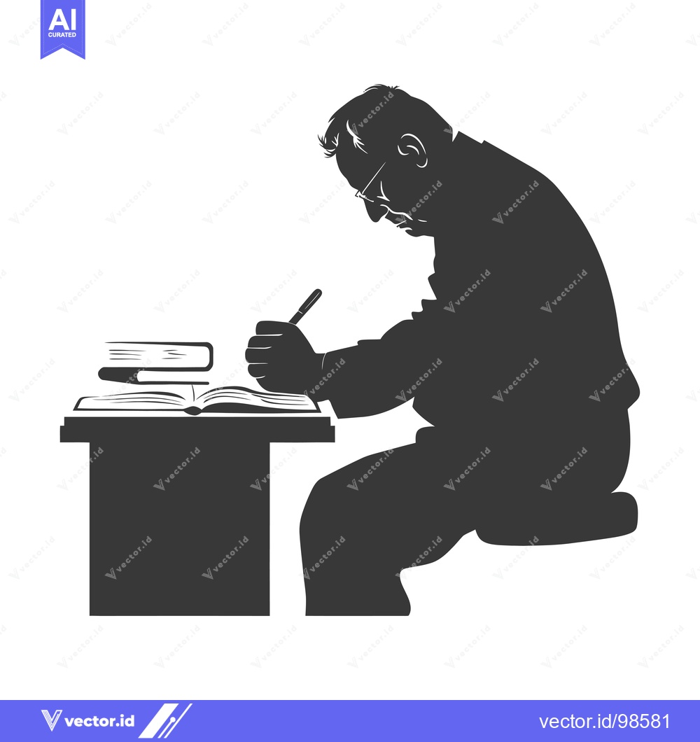 Premium Vector dari Silhouette of a Man Writing at a Desk with Books