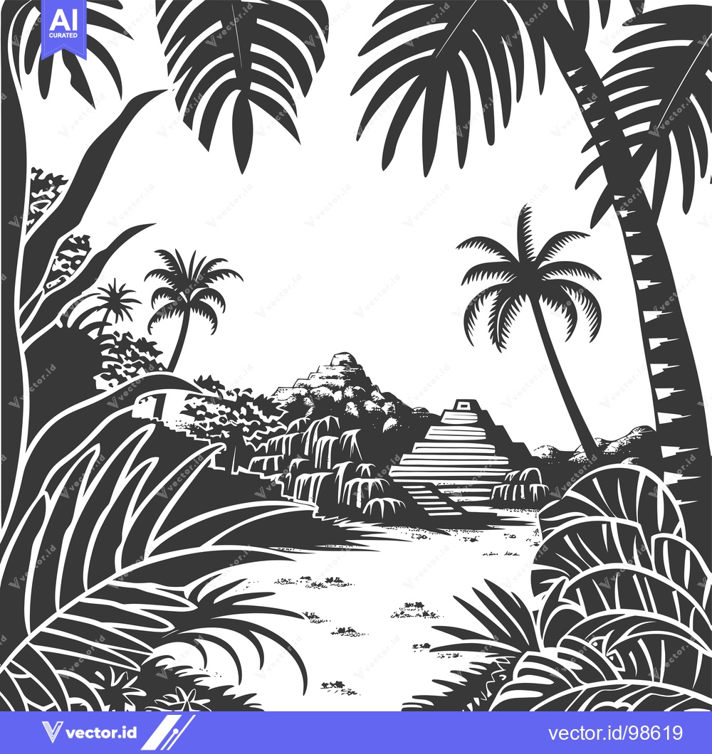 Premium Vector of Silhouette of a Mayan Pyramid with Palm Trees and Lush Foliage