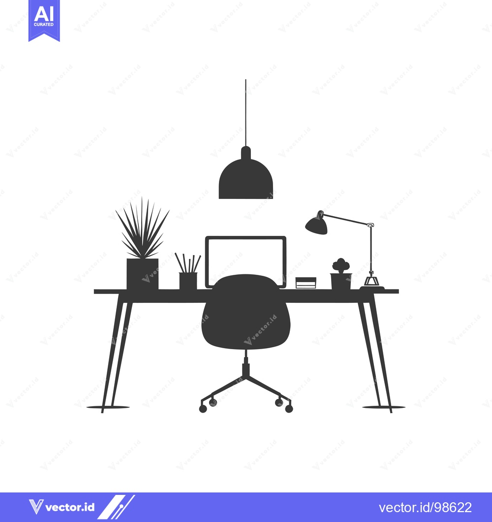 Premium Vector of Silhouette of a Modern Office Desk with a Chair and Plants