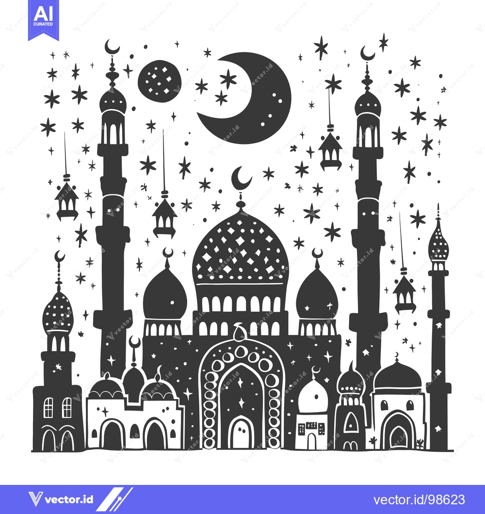 Premium Vector dari Silhouette of a mosque with a crescent moon and stars in the night sky