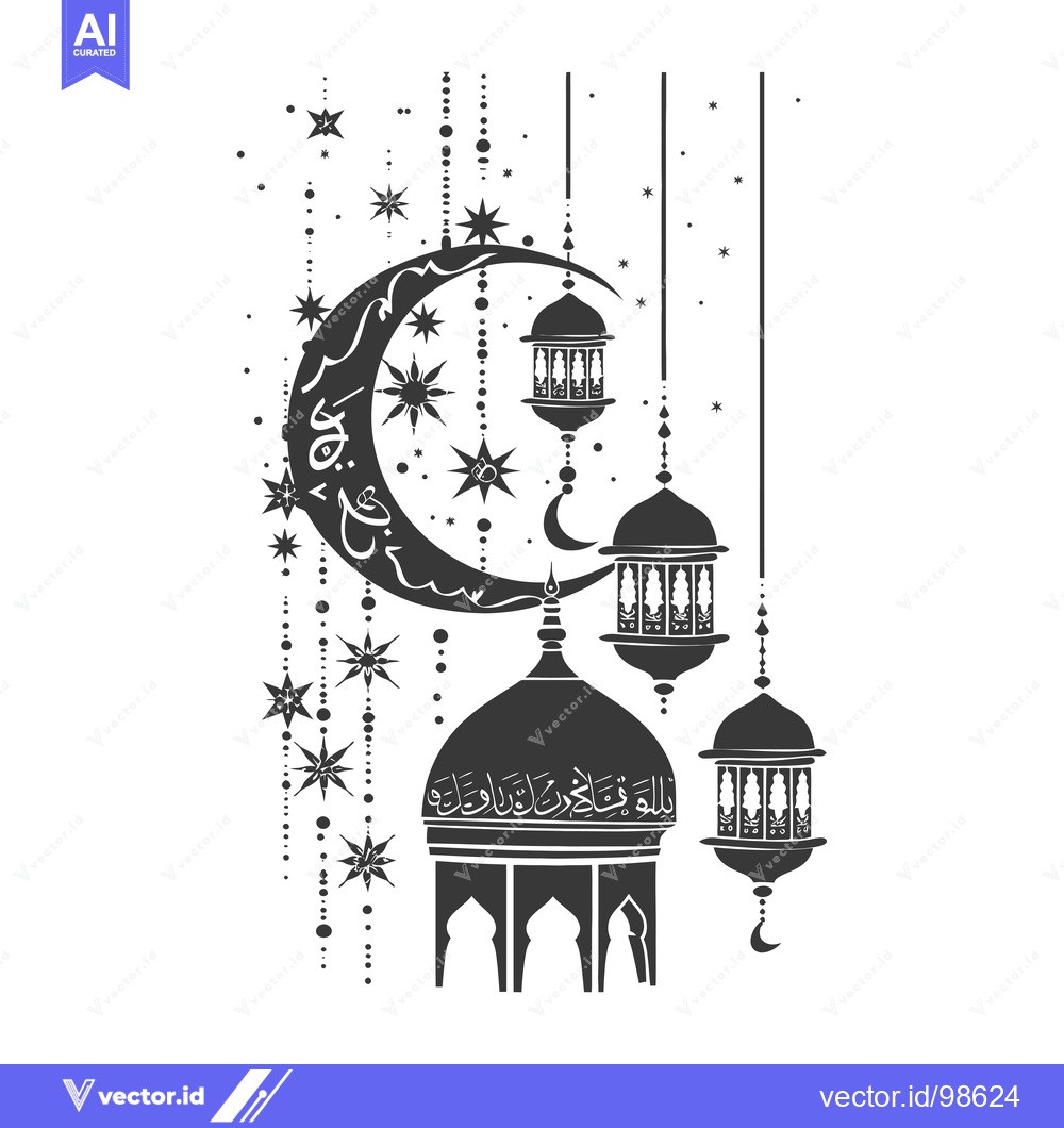 Premium Vector of Silhouette of a Mosque with Crescent Moon, Stars, and Lanterns