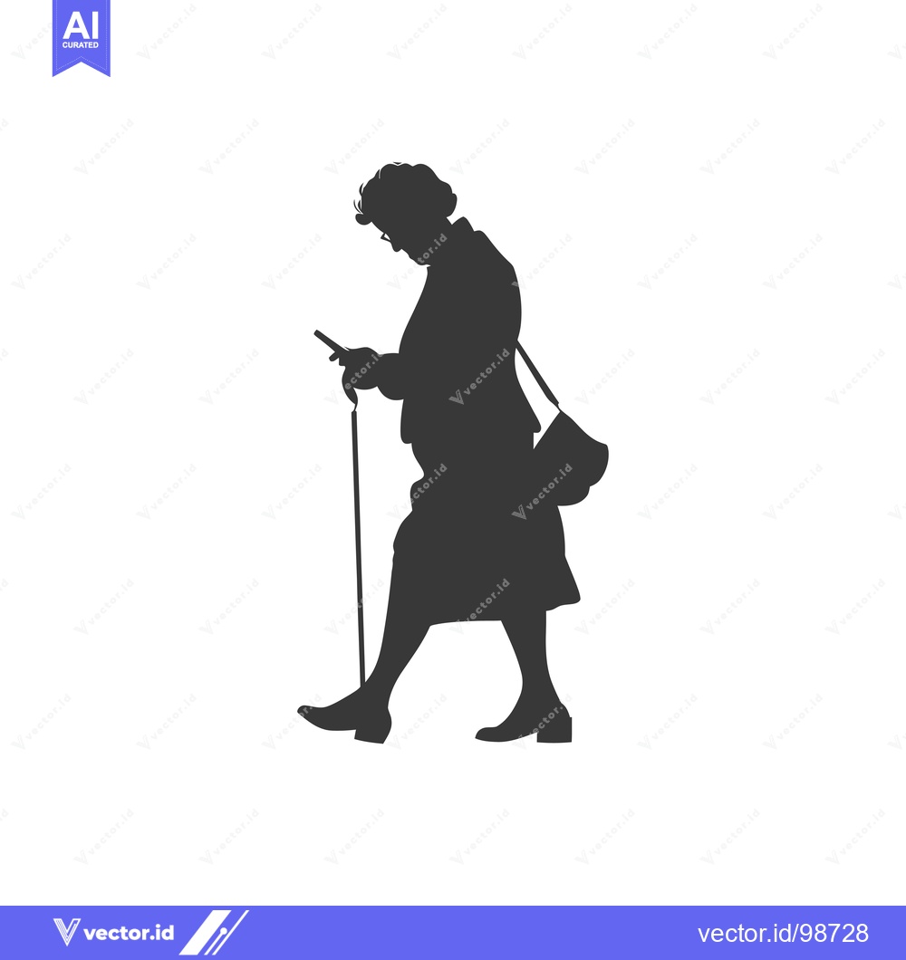 Premium Vector of Silhouette of an Elderly Woman Walking and Using a Smartphone