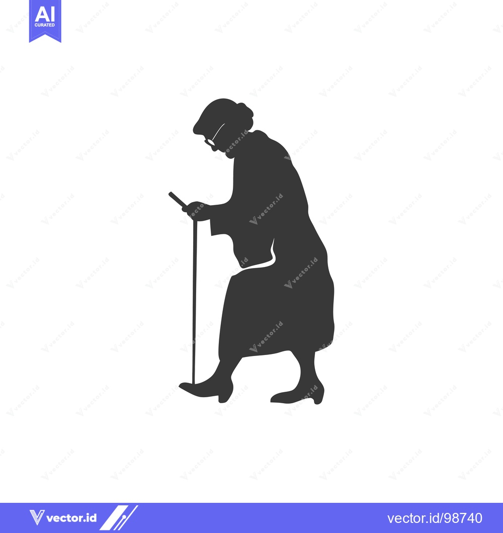 Premium Vector of Silhouette of an Elderly Woman Walking with a Cane and Looking at a Ph
