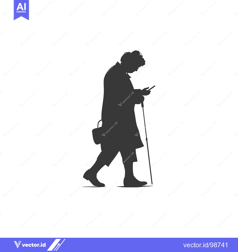 Premium Vector dari Silhouette of an Elderly Woman Walking with a Cane and Using a Smartph