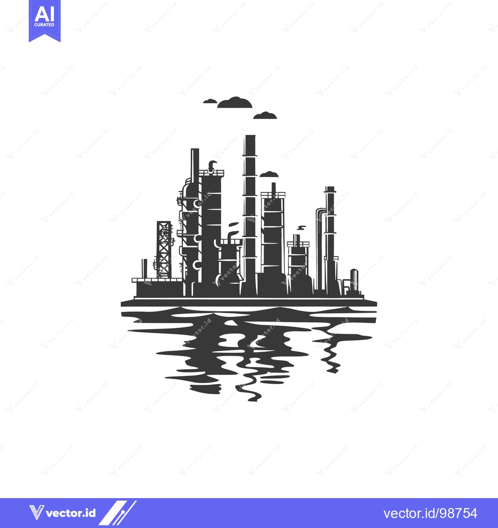 Premium Vector dari Silhouette of an industrial plant with smokestacks on a body of water
