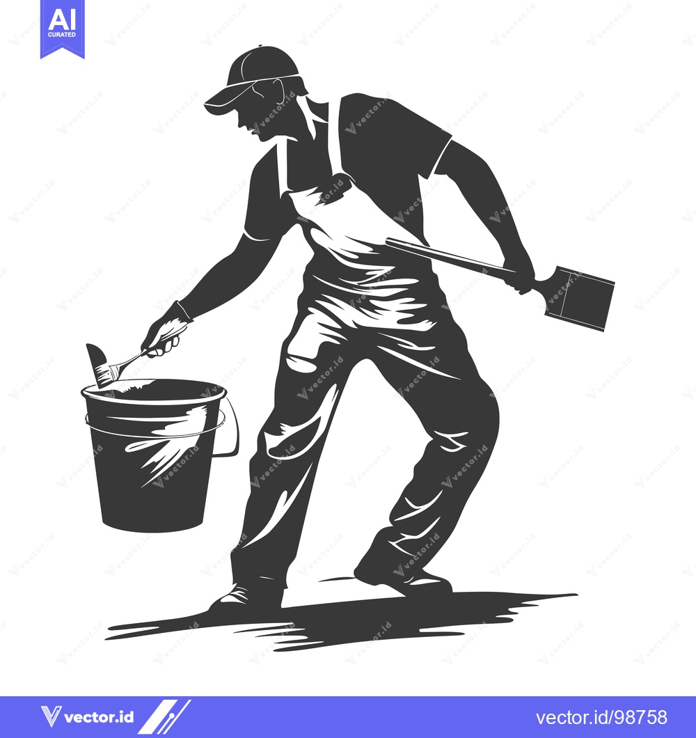 Premium Vector of Silhouette of a Painter Stirring Paint in a Bucket