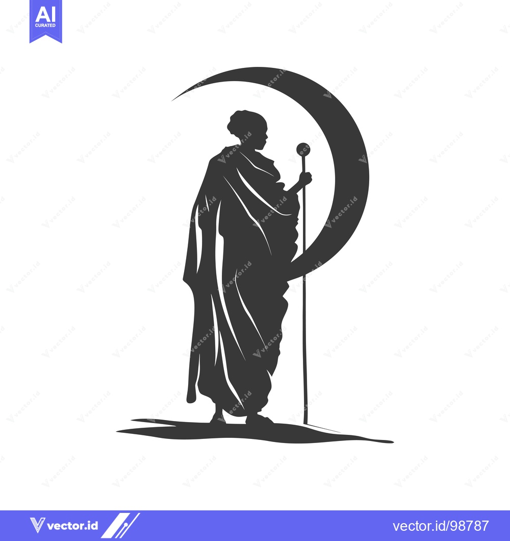 Premium Vector of Silhouette of a Person Holding a Staff with a Crescent Moon Above