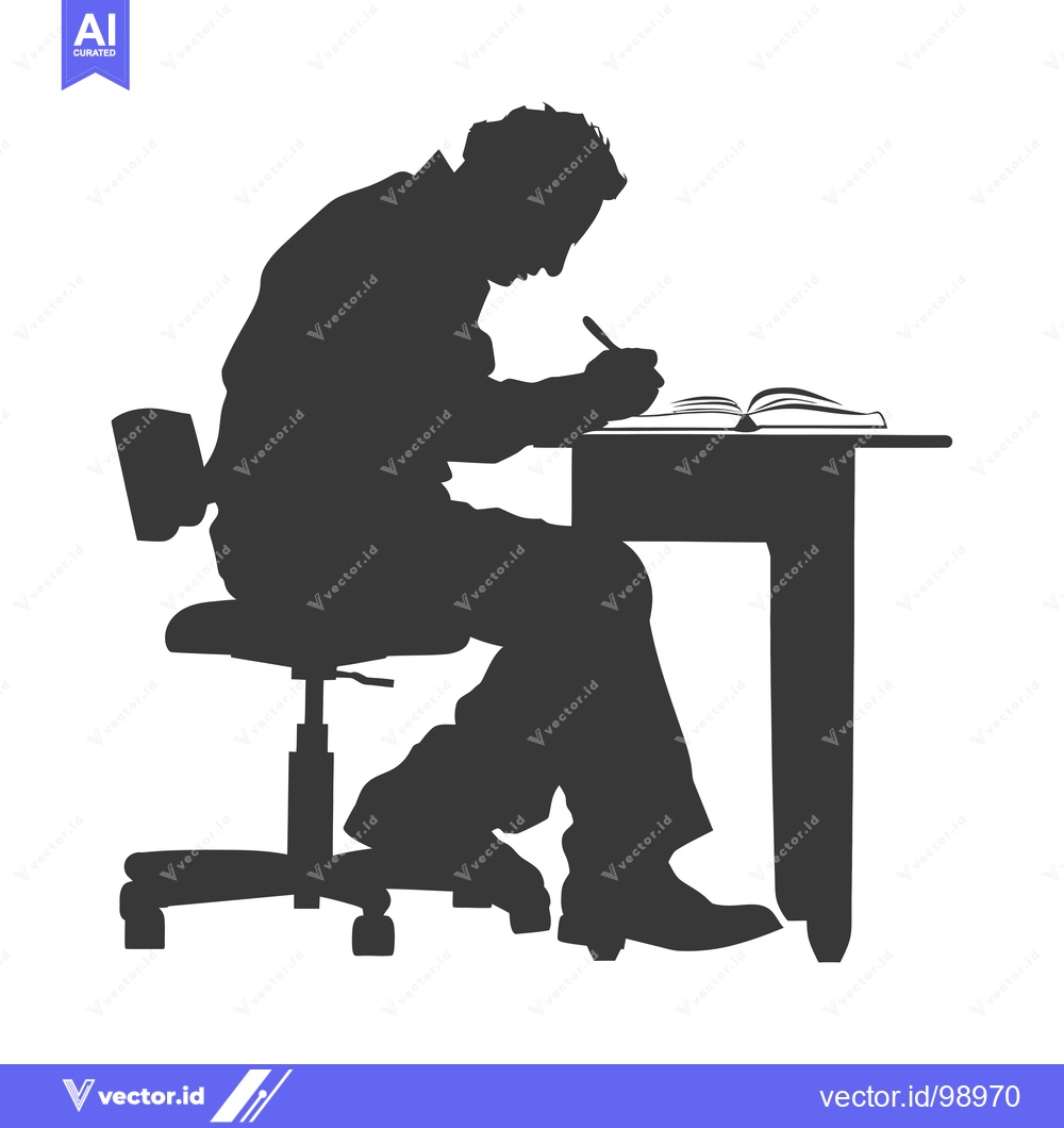Premium Vector dari Silhouette of a Person Sitting at a Desk, Writing in a Book