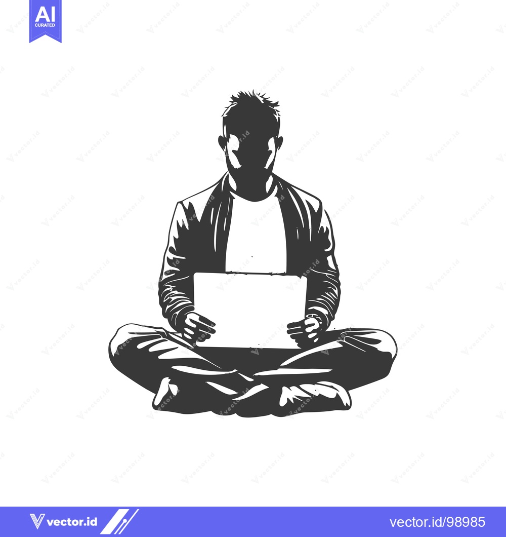 Premium Vector dari Silhouette of a Person Sitting Cross-legged and Holding a Laptop
