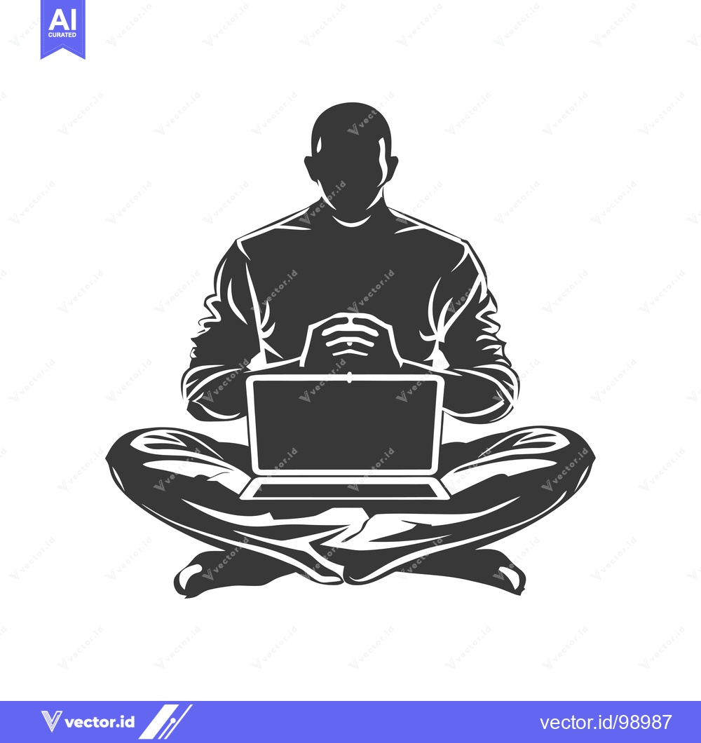 Premium Vector dari Silhouette of a person sitting cross-legged and using a laptop