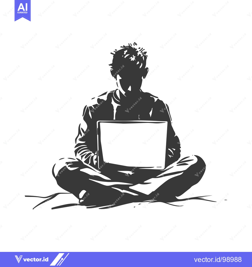 Premium Vector dari Silhouette of a person sitting cross-legged and using a laptop