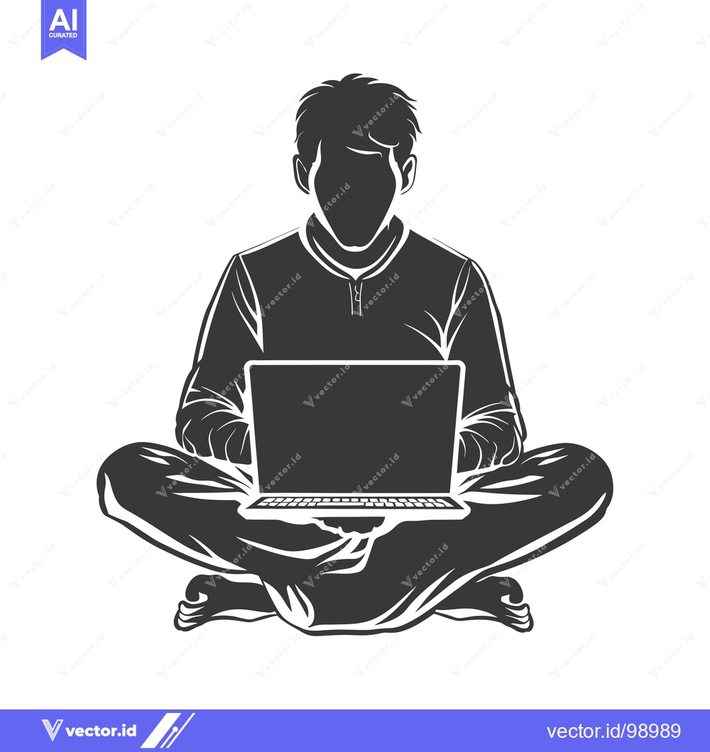 Premium Vector dari Silhouette of a Person Sitting Cross-legged Using a Laptop