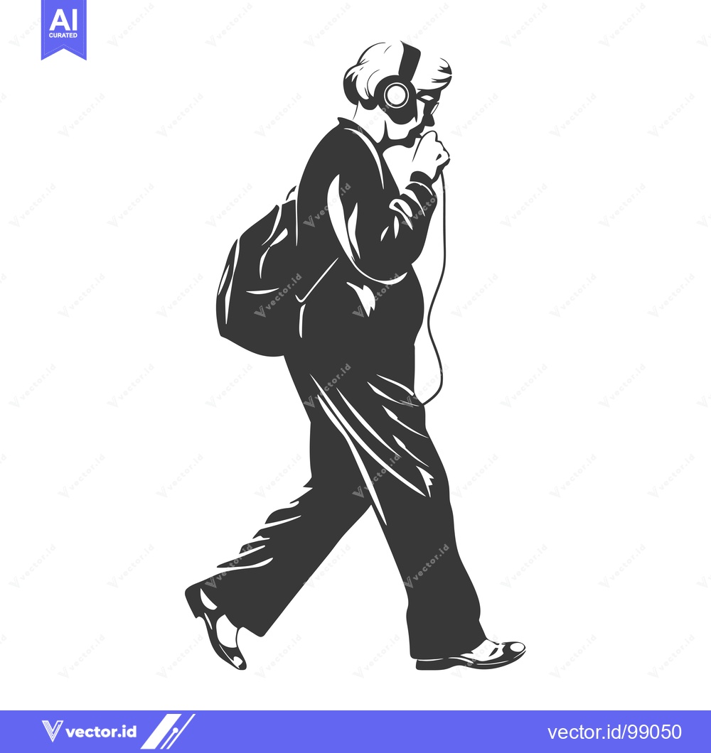 Premium Vector of Silhouette of a Person Walking with Headphones and a Backpack
