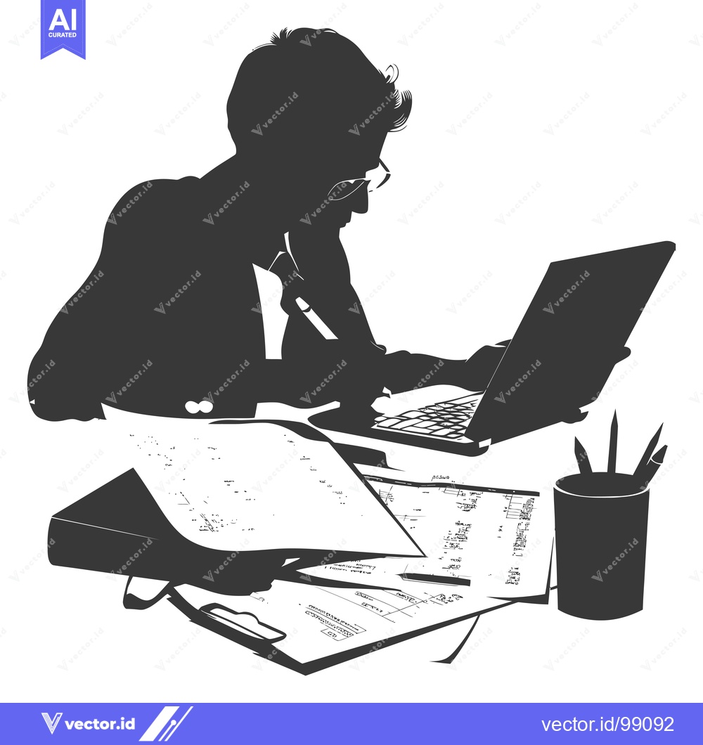 Premium Vector dari Silhouette of a Person Working at a Desk with a Laptop and Documents