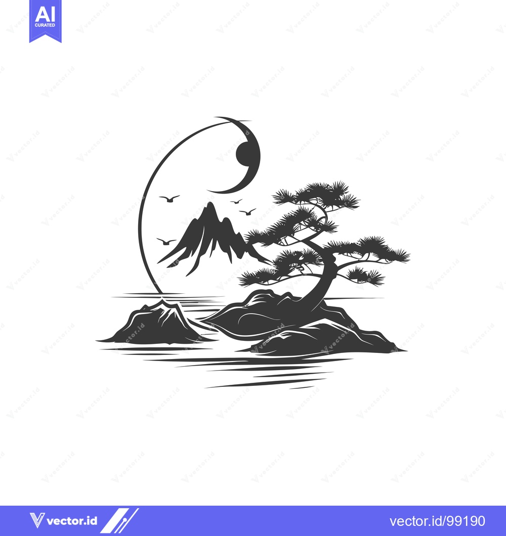 Premium Vector of Silhouette of a Pine Tree on a Mountainous Island