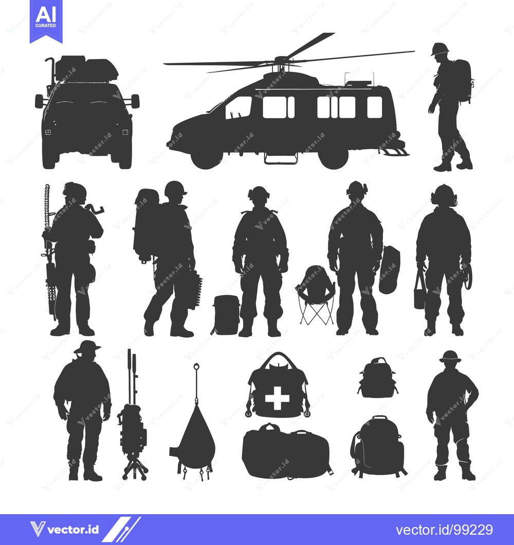 Premium Vector of Silhouette of a Rescue Team with Vehicles and Equipment