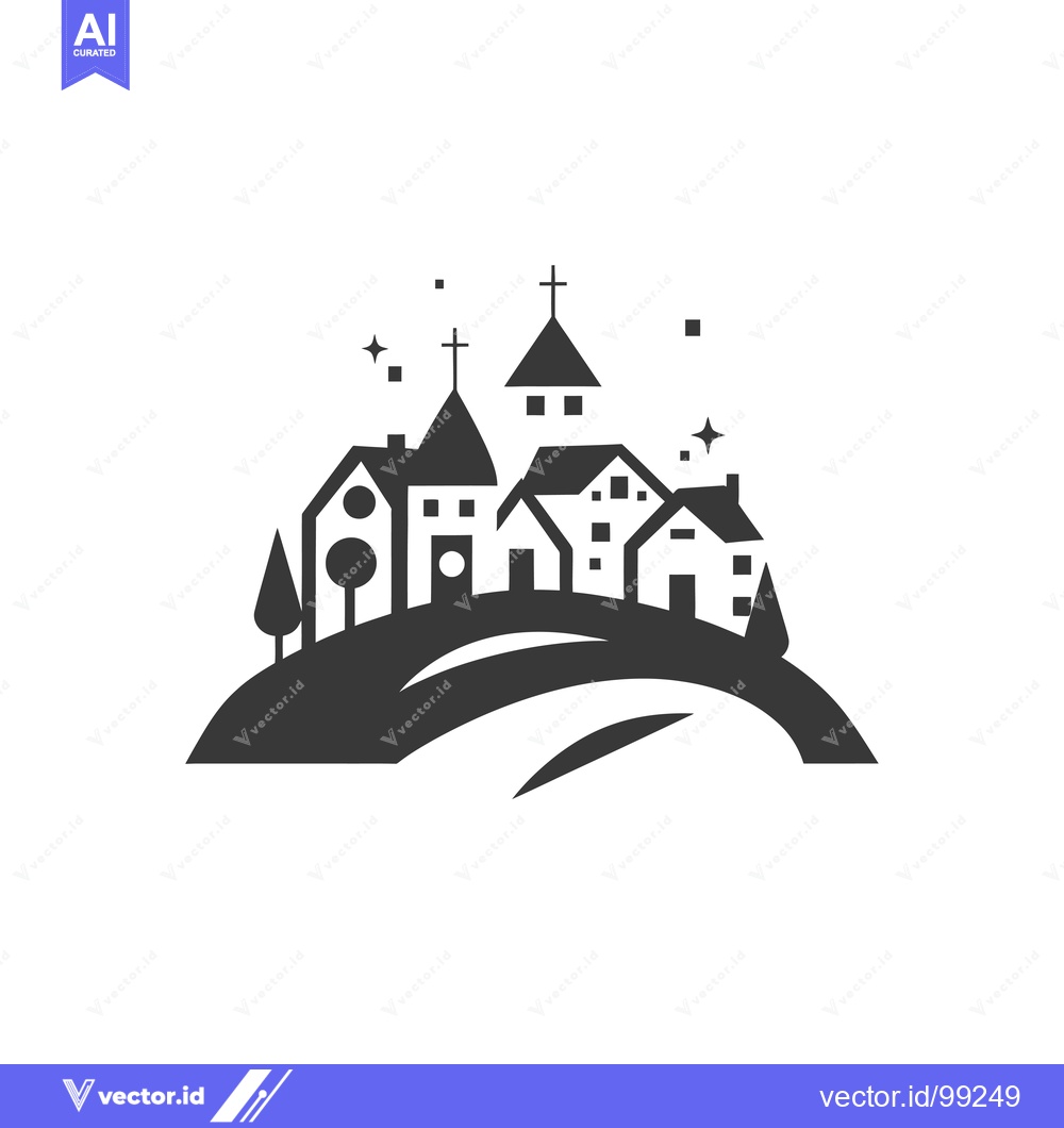 Premium Vector dari Silhouette of a small town with a church on a hill