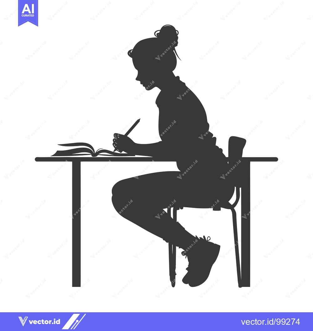 Premium Vector dari Silhouette of a Student Sitting at a Desk and Writing in a Notebook