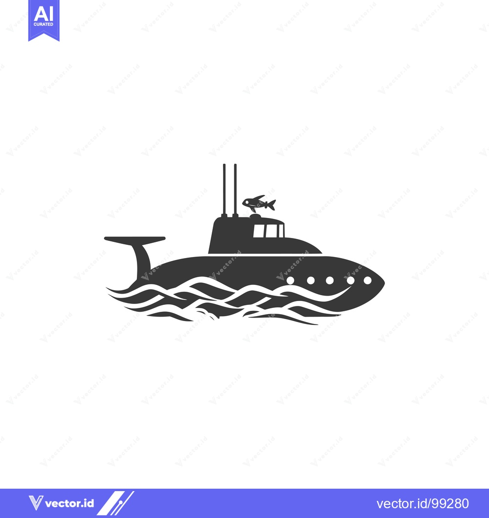 Premium Vector dari Silhouette of a Submarine with a Fish on Top, Traveling Through Wavy W