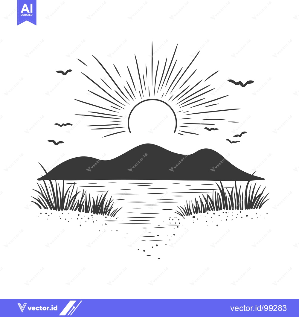 Premium Vector of Silhouette of a sunset over mountains and a lake