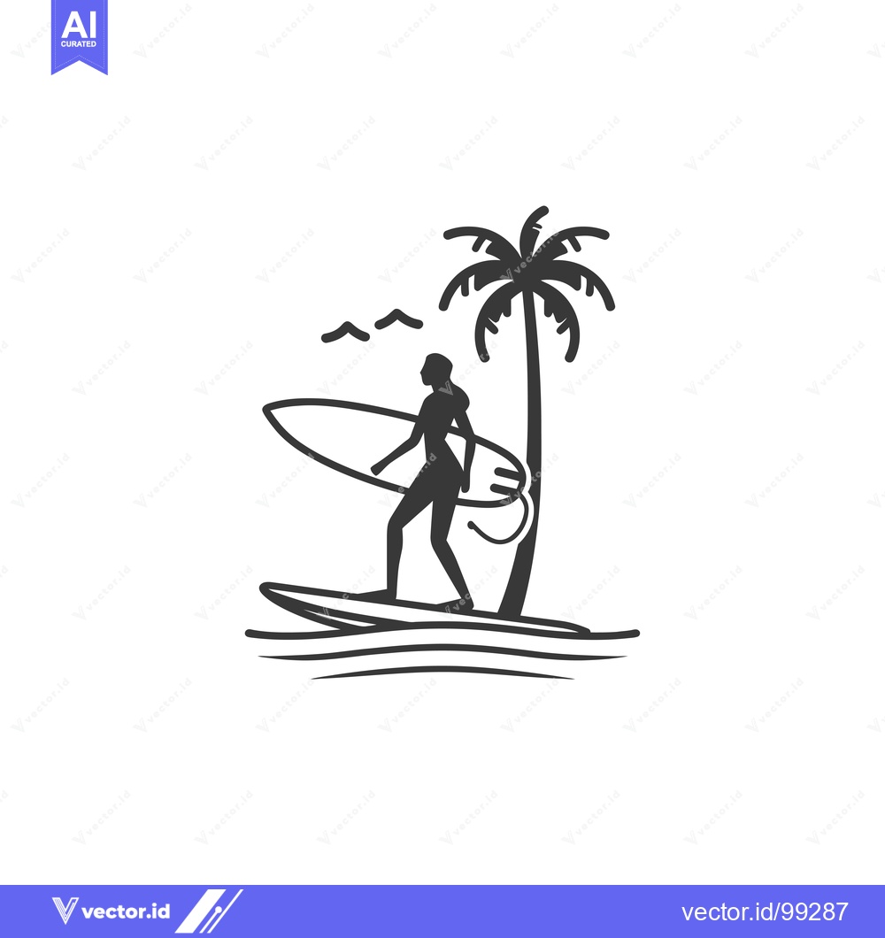Premium Vector dari Silhouette of a Surfer Standing on a Surfboard with a Palm Tree in the