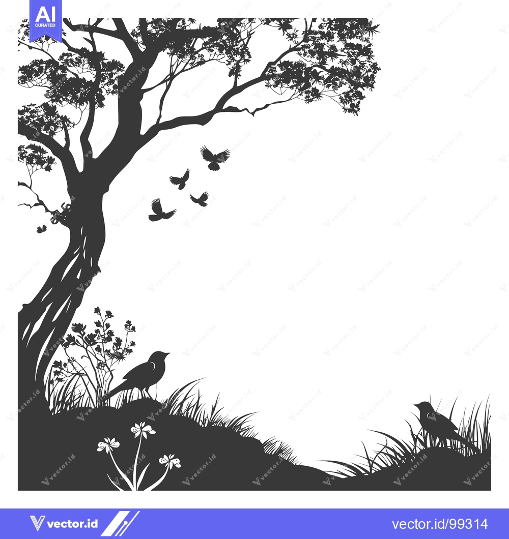 Premium Vector dari Silhouette of a Tree, Birds, and Flowers in a Landscape