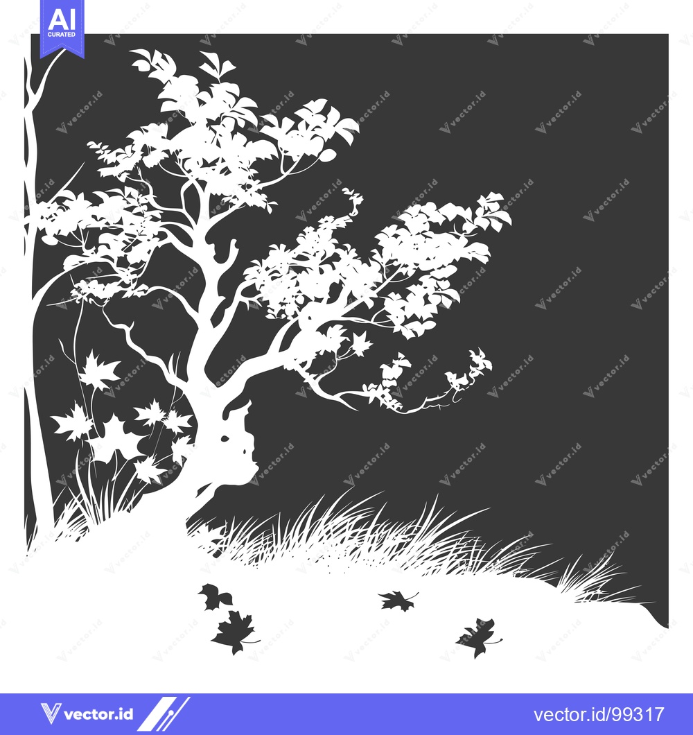 Premium Vector dari Silhouette of a Tree with Fallen Leaves in a Black and White Landscape